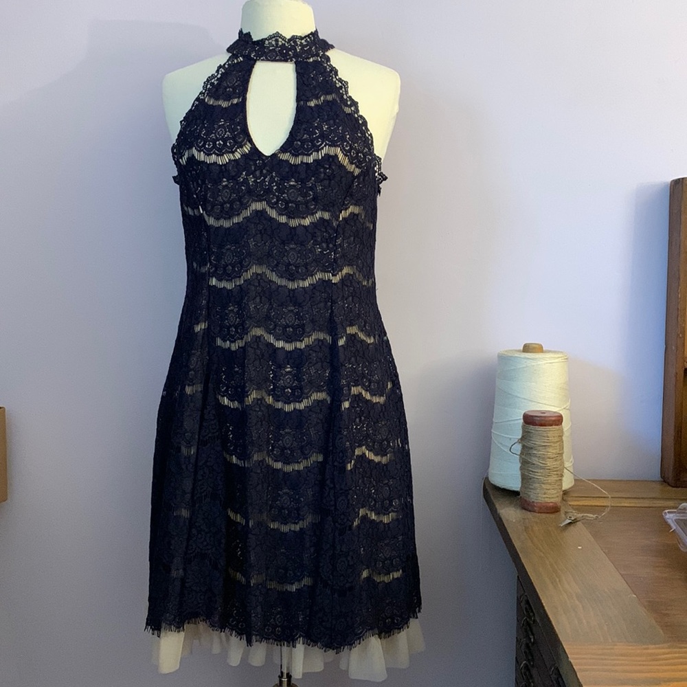 Francesca’s High Neck Keyhole Dress Lace overlay Dress